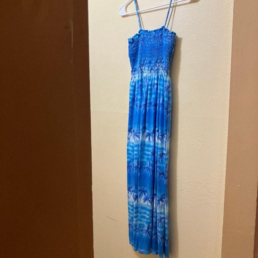 Vintage Y2K Baba Hawaii Blue Palm Tree Beach Smocked Tank Maxi Dress Size Large